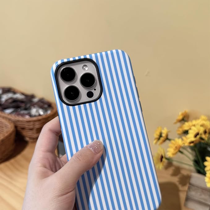 for iPhone 13 Pro Case Striped Cute Aesthetics Phone Case Trendy Protective Shockproof Cover for iPhone 13 Pro Blue White
