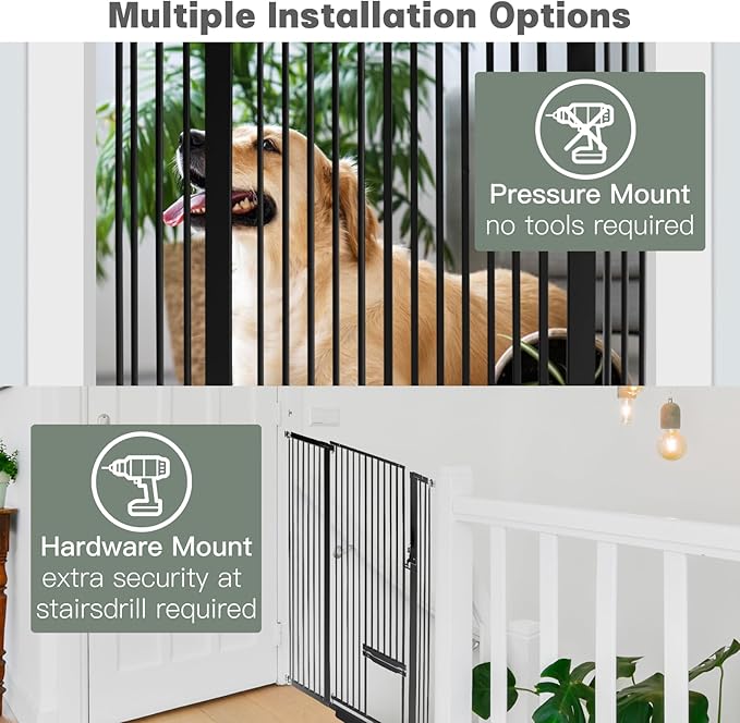 55 Inch Extra Tall Pet Gate with Small Cat Door, 29.55"-40.55" Adjustable Wide Dog Gate, Tall Cats Gates for Doorway, Stairs, House(Black)