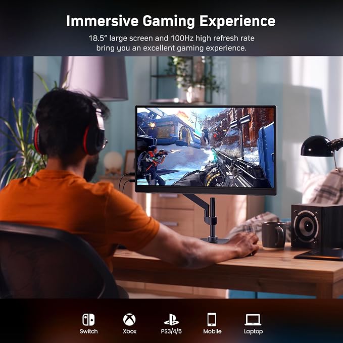 MNN 18.5" 100Hz FHD IPS USB-C HDMI Portable Gaming Monitor | 18.5" FHD IPS 100Hz, built-in stand & dual speakers, USB-C/HDMI, for PC/Phone/PS5/Xbox/Switch, travel gaming.
