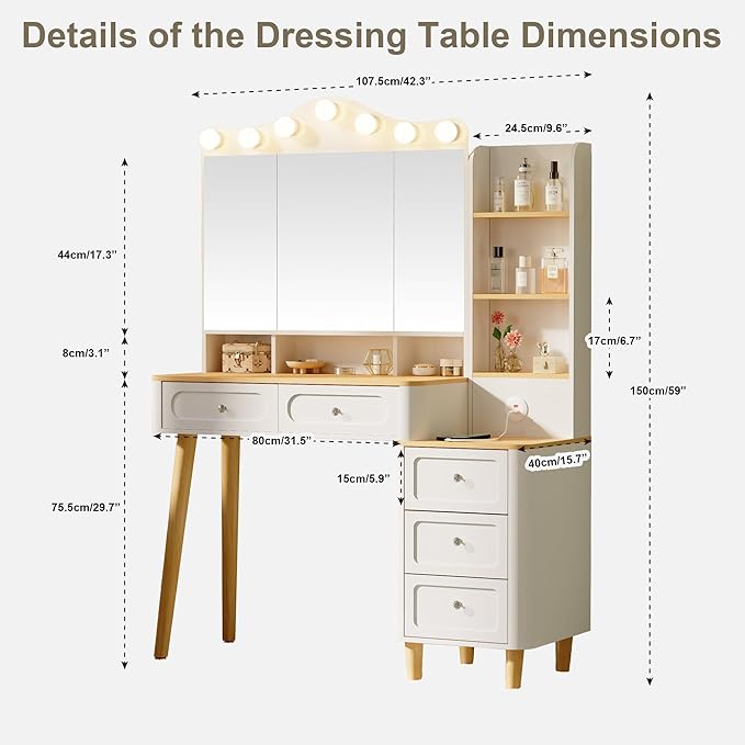 Vanity Desk with Mirror and Lights, Makeup Vanity with 2 USB Power Strip, Foldable Three-Sided Mirror, Adjustable Brightness, Small Vanity Table with Drawers and Storage Chest,White
