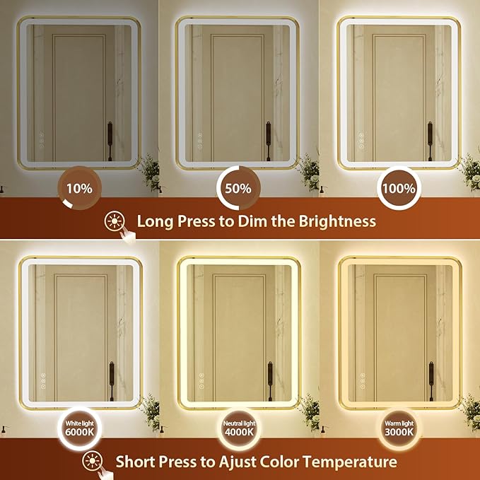 28x40 Inch Gold Framed LED Bathroom Mirror with Lights, Built-in Bluetooth Speaker,Tempered Glass,Dimmable Lighted Bathroom Vanity Mirror with 3 Colors, Backlit + Frontlit, Memory, Anti-Fog