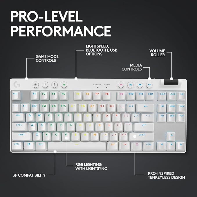 Logitech G PRO X TKL Lightspeed Wireless Gaming Keyboard (Tactile) - White | Lightspeed wireless, Ultra-Portable Tenkeyless Design, LIGHTSYNC RGB, PBT keycaps, Tactile Switches