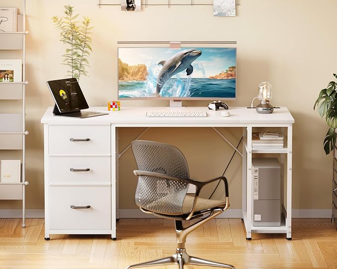 AODK 51 Inch White Computer Desk with Drawers & USB Power Outlets | Reversible Home Office Desk with Storage Shelves, Work from Home, Modern Work/Writing/Study Table for Bedroom, White