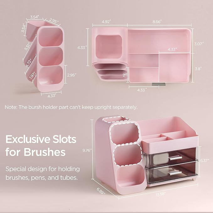 HBlife Makeup Organizer with Brush Holder for Vanity, Large Plastic Bathroom Countertop Organizer Skin Care Storage, Easy to Store Lipsticks, Nail Polishes, Perfumes, Eyeshadow Palettes, Pink