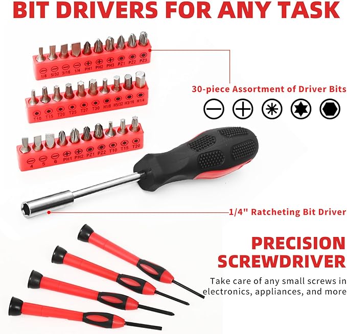 58-Piece Tool Kit Basic Home Repair Tool Set, General Household Hand Tool Kit,Small Tool Kit with Plastic Toolbox Mini Tool kit for Women, Office & College Repairs Red