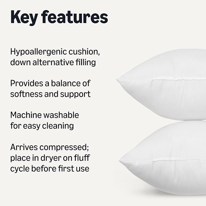 Amazon Basics Square Hypoallergenic Pillow Insert, Soft Decorative Stuffer for Sofa Bed Couch, 26 Inch, 2-Pack
