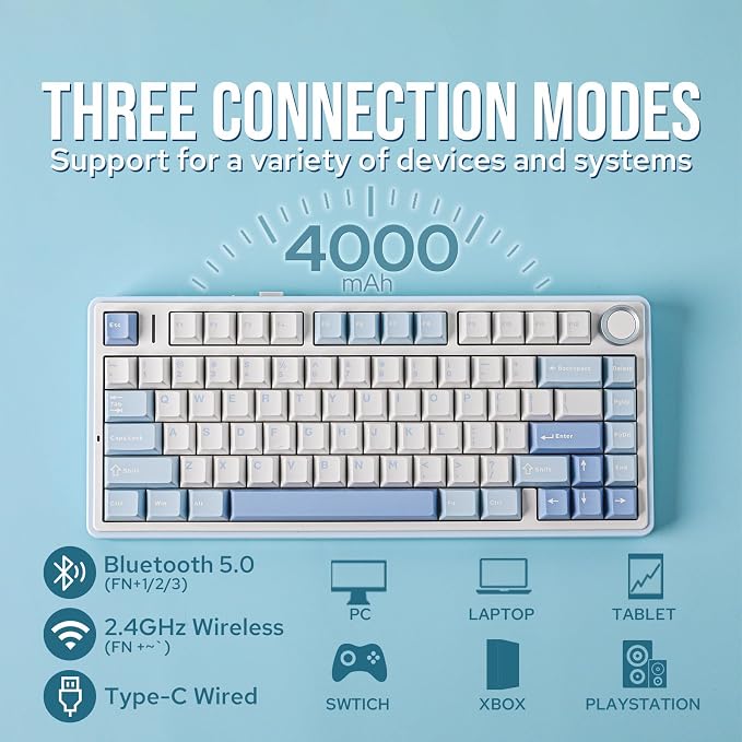 EPOMAKER x Aula F75 Gasket Mechanical Keyboard, 75% Wireless Hot Swappable Gaming Keyboard with Five-Layer Padding&Knob, BT/2.4GHz/USB-C, RGB (Sea Salt Blue, LEOBOG Reaper Switch)