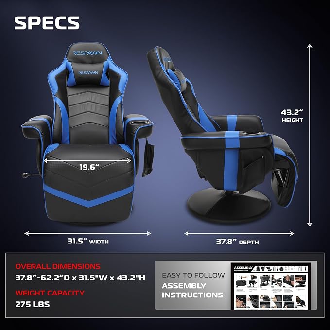 Respawn 900 Gaming Recliner Chair with Footrest, Cup Holder and Swivel | Ergonomic gaming recliner with footrest, cup holder, lumbar support, 135° recline & 360° swivel for console gaming