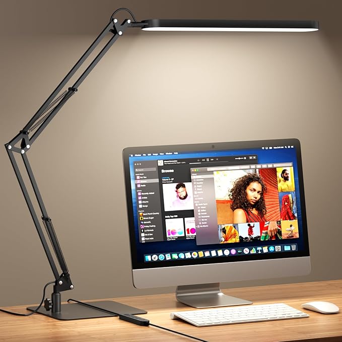 SKYLEO LED Desk Lamp with Slim Base - Adjustable Swing Arm Desk Light, Dimmable, Timer, Eye Protection, Memory Function, 1300LM, 12W, Black