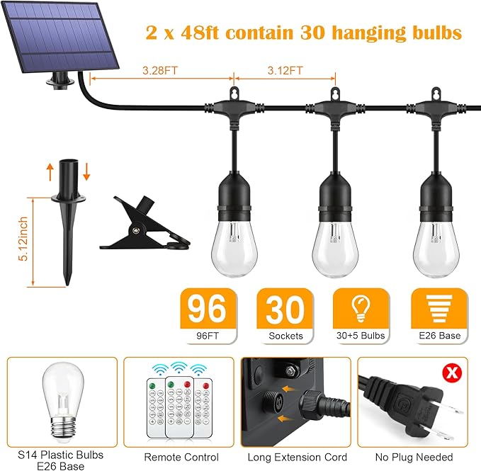 Mlambert 2 Pack Each 48FT 3-Color in 1 Solar String Lights Outdoor, Dimmable Patio Lights with Remote, 30+5 Waterproof LED Bulbs for Cafe Bistro Yard