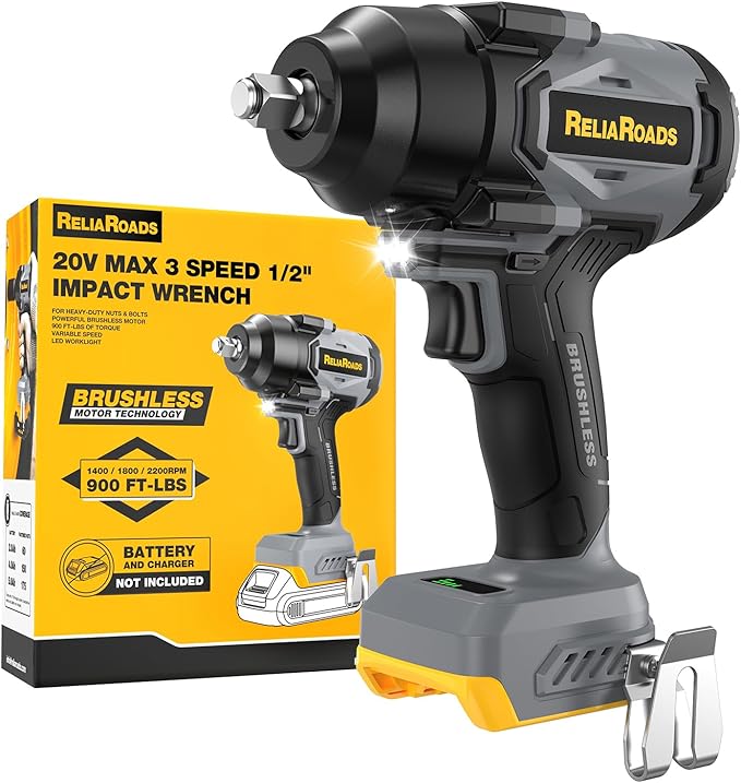 ReliaRoads 900 Ft-lbs Cordless Impact Wrench, 1/2 Inch Impact Gun Compatible DeWALT 20V MAX Battery, Brushless Constant High Torque Impact Driver with 3 Speed, Tool Only (No Battery Included)
