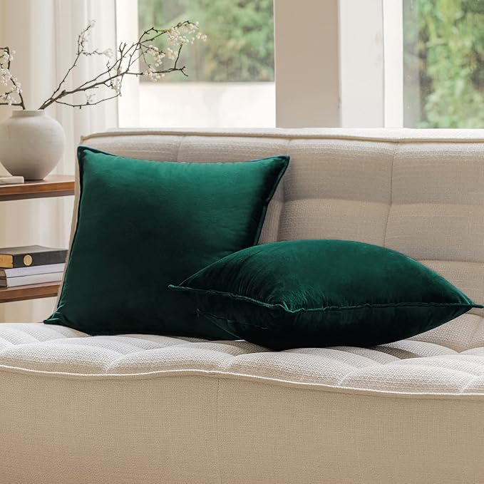 JIAHANNHA Velvet Green Throw Pillow Covers 22”x22”Pack of 2 Soft Decorative | Square Cushion Covers for Couch Sofa Bed Livingroom Car Home Decor,55x55Cm