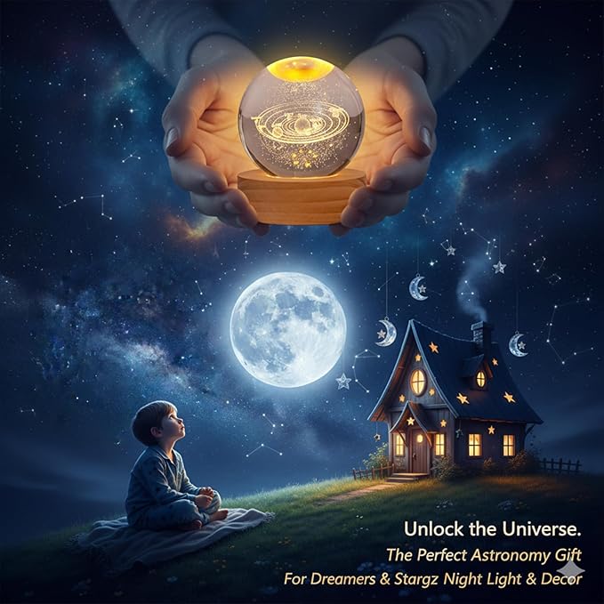 3D Crystal Ball Night Light, Galaxy Lamp Sphere Orb with 7 Color LED on Wooden Base, Glass Globe Lamp for Bedroom Decor, Celestial Cosmic Crystal Light, Birthday Gift for Teens Boys Girls (Saturn)