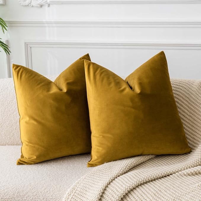 28x28 Velvet Throw Pillow Covers Set of 2 for Couch Sofa Bed,Mustard Yellow | JUSPURBET Decorative Euro Pillow Covers with Invisible Zipper for Modern Living Room Bedroom Home Decor