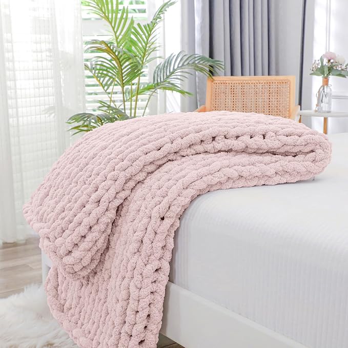 Bigacogo Chunky Knit Throw Blanket for Couch, 40x40 inches, Rose Tan | Hand Knit with Jumbo Chenille, Soft Breathable Cable Knit for Sofa Bed Living Room, Machine Washable, Gift for Mom Friend