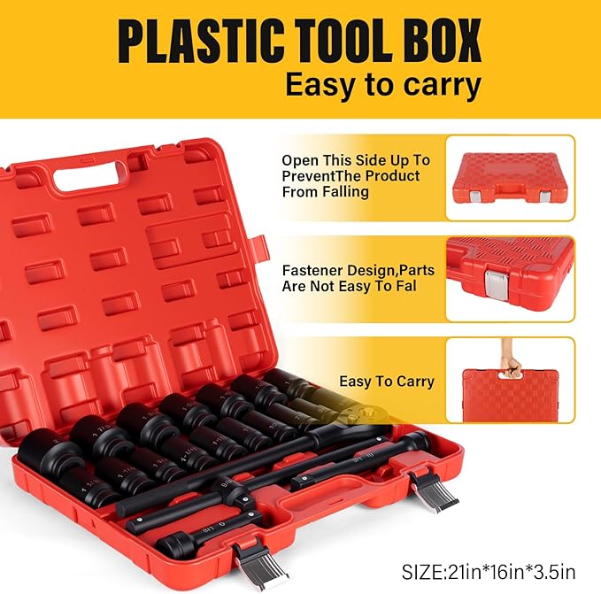 3/4" Drive Impact Socket Set,21-Piece SAE (3/4 to 2 Inch) Sizes with Ratchet handle (24 tooth) Sliding T-head Breaker Bar,Drive Extensions,6-Point,Cr-Mo Alloy Steel,Heavy Duty Storage Case