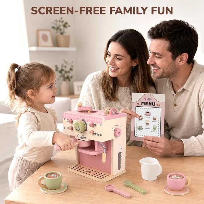 Dreamon Toy Coffee Maker Wooden Kitchen Accessories for Kids Pretend Play | Realistic Kids Coffee Playset with Moving Parts, Montessori Kitchen Toys for 3 4 5 Year Old Boys & Girls Birthday Gifts, Pink