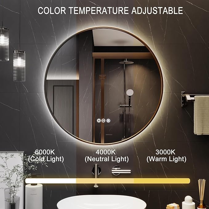 Round Bathroom Mirror with Lights, 32x32 Inch Vanity Mirror with Backlit, Anti-Fog, 3 Colors and Stepless Dimmable Wall Mounted Makeup Mirror with Metal Frame (Gold)