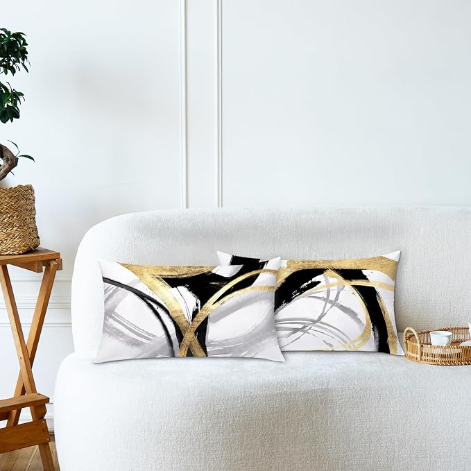 Black White and Gold Pillow Covers, Abstract Black and Gold Pillow Covers 12x20 Set of 2, Modern Boho Home Decor, Black and Gold Decorative Throw Pillows Cover for Couch Living Room Bedroom