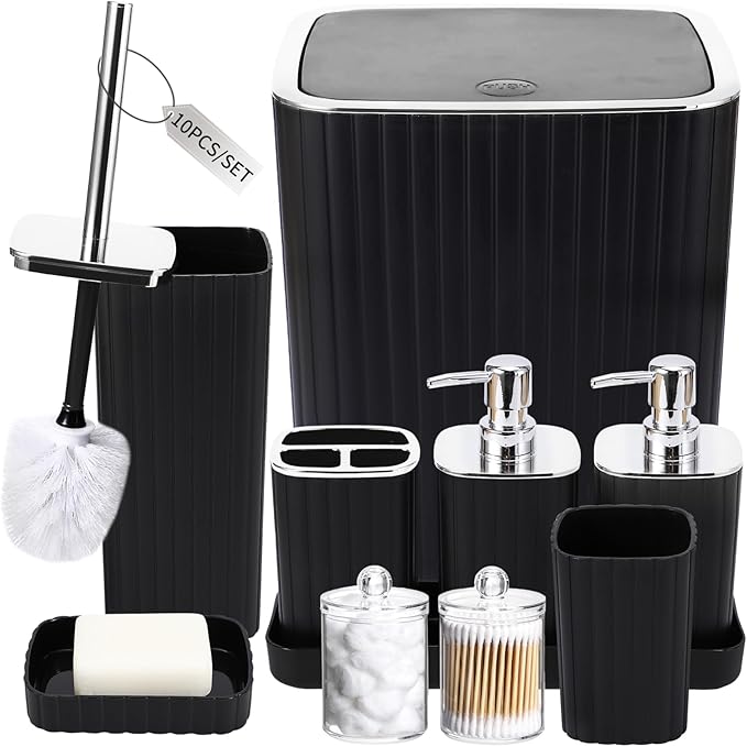 XLHOMO Bathroom Accessories Set - Gorgeous Bathroom Set, 10PC Black Bathroom Accessory Set, Toilet Brush, Trash Can, Qtip Holder & Soap Dispenser