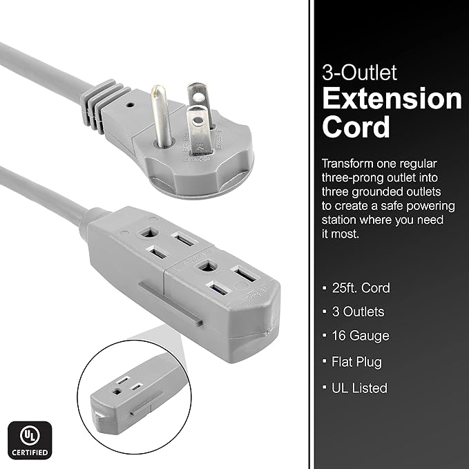 GE 3-Outlet Flat Extension Cord 25 Ft Grounded Extension Cord with Multiple Outlets 3 Prong Outlet Extender Flat Plug Indoor Power Strip 16 Gauge UL Listed Gray, 43025