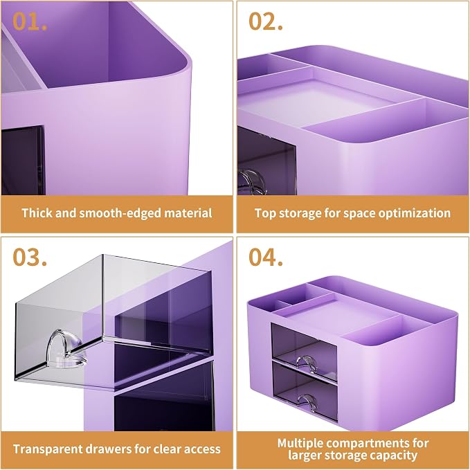 Marbrasse Pen Organizer with 2 Drawer, Multi-Functional Pencil Holder for Desk, Desk Organizers and Accessories with 5 Compartments + Drawer for Office Art Supplies (Purple)