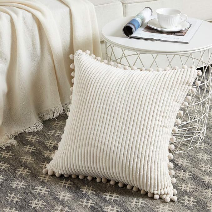 Fancy Homi Pack of 2 Boho Decorative Throw Pillow Covers with Pom-poms, Soft Corduroy Accent Solid Square Cushion Case Set for Couch Sofa Bedroom Car Living Room (16x16 Inch/40x40 cm, Cream)