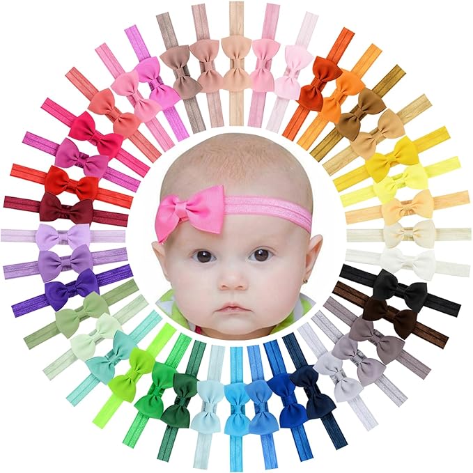 WillingTee 40 Colors Baby Girls Headbands Tiny Bows 2.75" Grosgrain Ribbon Hair Bow Hair Band Hair Accessories for Baby Girls Infants Toddlers Kids Newborns