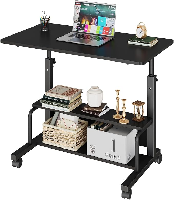 DUMOS Rolling Desk, Storage Shelves, Laptop Table, Home Office | Height Adjustable Design, Computer Desks on Wheels, Portable for Small Spaces Use, Black