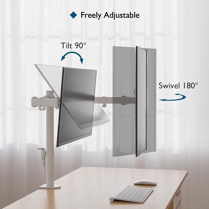 BONTEC Dual Monitor Desk Mount, 13-27 Inch, 22lbs, VESA 75x75/100x100,White | Full Motion Adjustable Stand, Heavy Duty Arms, C Clamp and Grommet Base, Cable Management for Flexible Screen Positioning