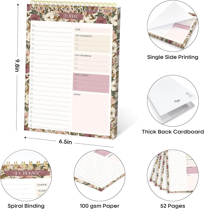 Taja To Do List Notepad, Undated Daily Planner for Work and Goal Setting | Mauve Muse, 52 Sheets, 9.8" x 6.5" , for Office, Home and school, Daily Task Planning, Notes and Everyday Organization