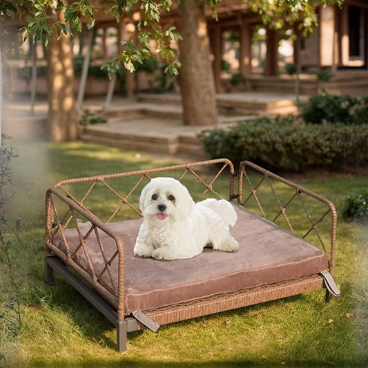 Boho Rattan Dog Bed, Pet Sofa Couch Bed with Removable Cushions - Indoor/Outdoor Durable Pet Furniture for Small/Medium Dogs (Brown)
