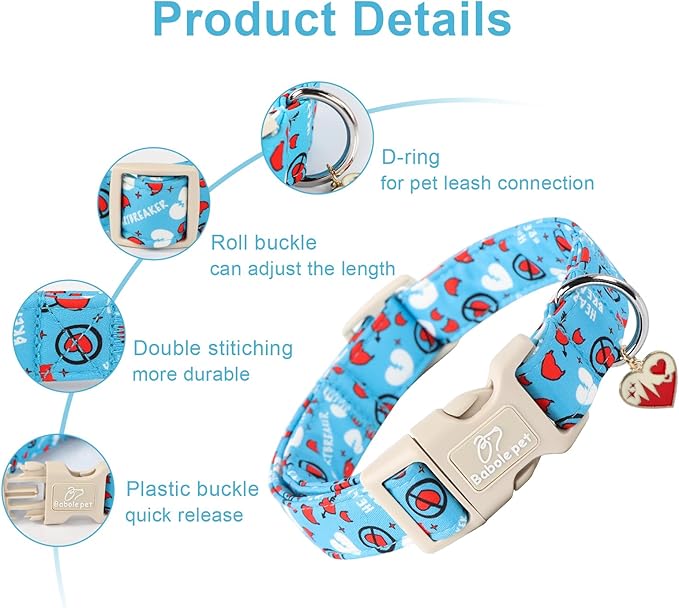 Valentines Dog Collar, Blue Heart Dog Collar, Cute Loving Heart Printed Collar with Quick Release Plastic Buckle for Boys&Girls Dogs, Small