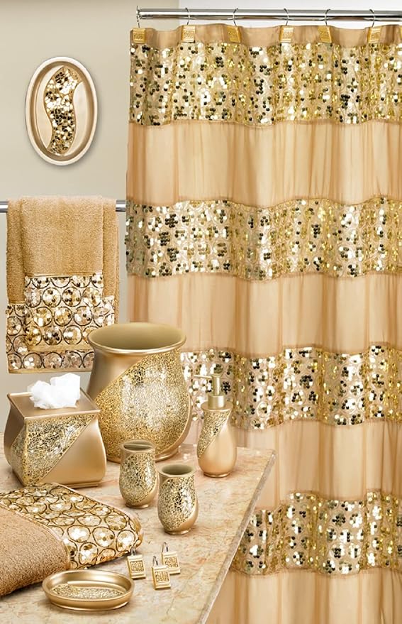 Zahari Home 13pc Sinatra Bathroom Shower Curtain Set - Gold Curtain & 12 Champagne Hooks - Luxury Fabric Bling Unique Beautiful Set
