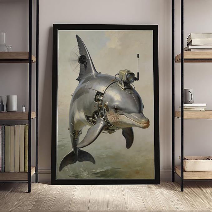 Framed Steampunk Mechanical Dolphin Wall Art - Marine Retro-Futuristic Poster for Beach House Living Room Decor 16x24in