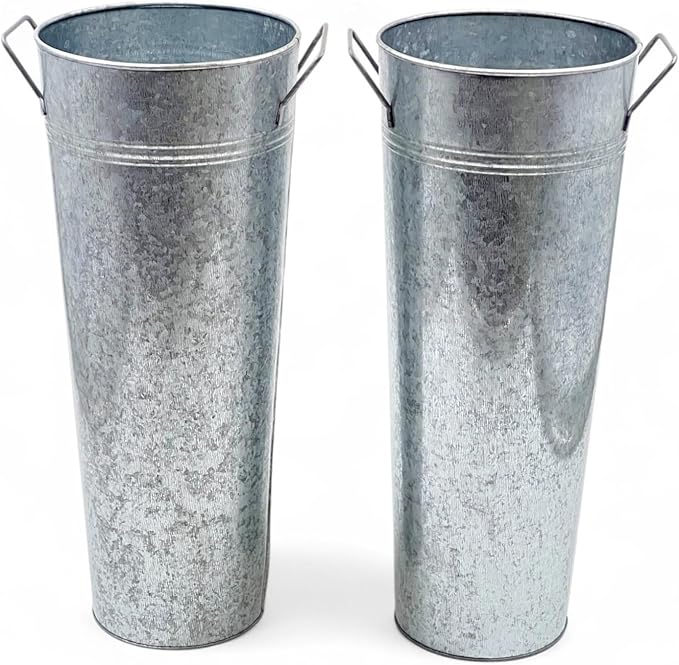Hosley Set of 2 Galvanized French Bucket with Handles & PVC Liner, 6" Dia x 15" H for Weddings, Parties, Country Picnics, Floral Arrangements, Tableware Storage, or Gardens - Rustic Farmhouse Décor