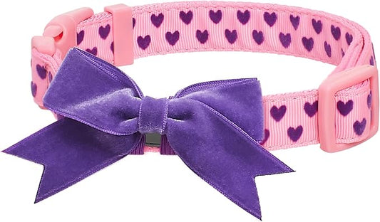 Blueberry Pet Adjustable Flocking Dog Collar with Detachable Velvety Bowtie - Heart in Gothic Grape
