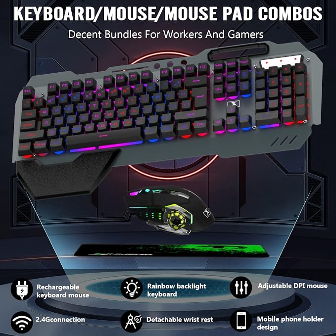 Wireless Gaming Keyboard and Mouse Combo,Rainbow LED Backlit Keyboard with Rechargeable 3800mAh Battery Metal Panel,Removable Wrist Rest Mechanical Feel and 7 Color Mute Gaming Mice for PC PS4 PS5