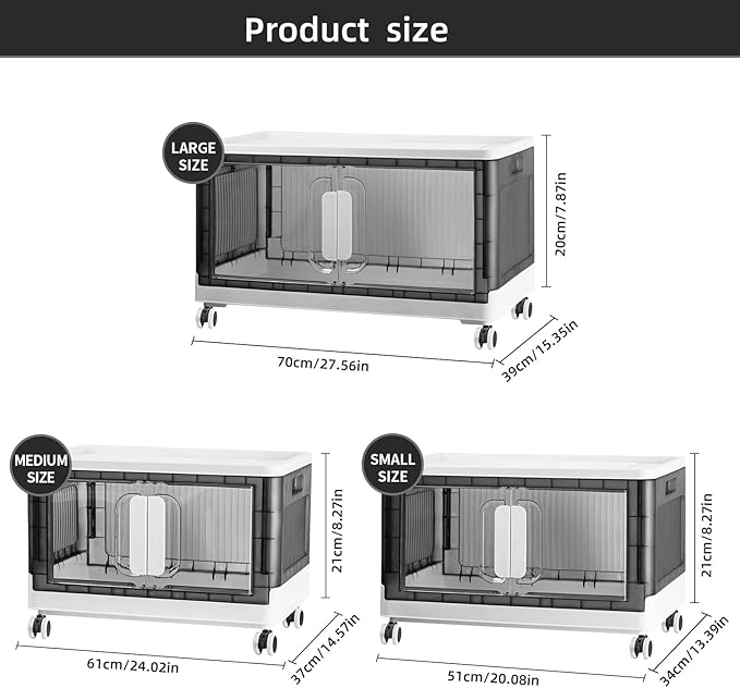 Folding Storage Organizer with Silent casters | Stackable Design for Home & Office, Heavy-Duty Plastic Storage Bin with Clear Door, 3 Sizes (19.5/23.5/27.5in),Black/White (19.7" 1 layer, White)