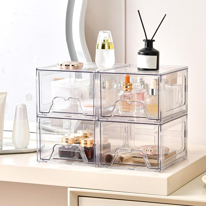 6 Pack Stackable Storage Drawers,Makeup Organizer with Pull-out Drawer | 4.4'' Tall, Acrylic Clear Plastic Storage Bins for Vanity,Pantry,Desk,Undersink,Kitchen,Bathroom