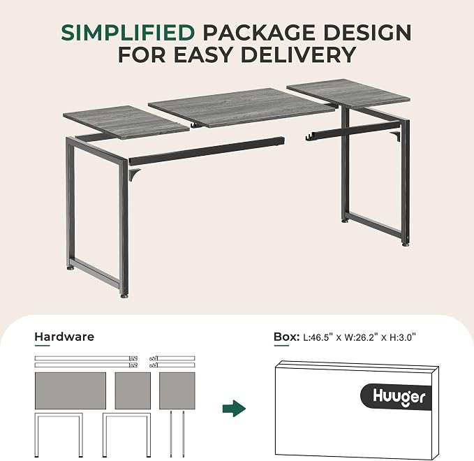 Huuger Computer Gaming Desk, 63 Inch Office Desk with Storage, Writing Work Surface for Home Office, Study, Modern Simple Style, Large Legroom, Metal Frame, Grey
