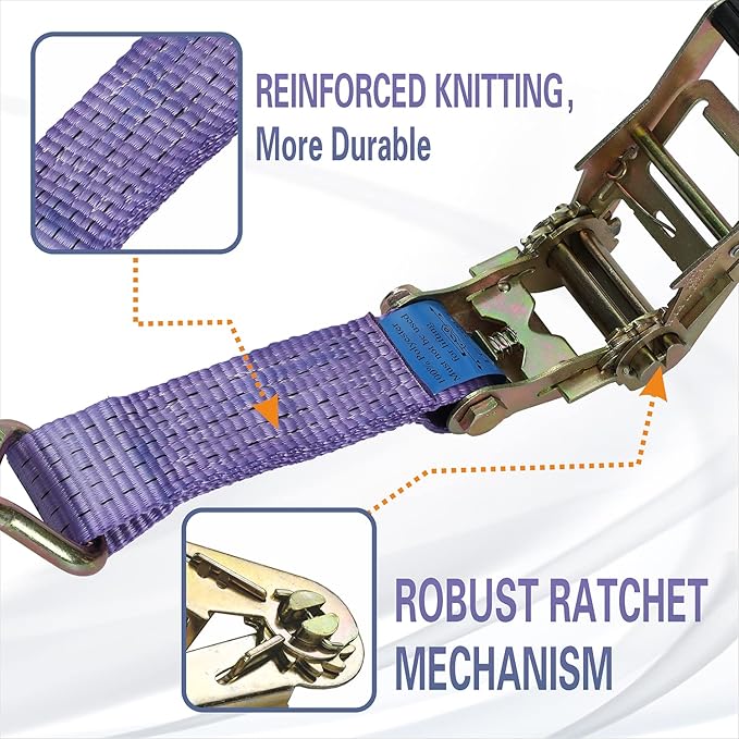 Tie-Downs Ratchet Straps 2" x 13' with Double Wires J Hook Heavy Duty Breaking Strength 10,000 lbs Working Load 3333 lbs for Trailer Cargo Car Truck ATV Transporting Pack of 4
