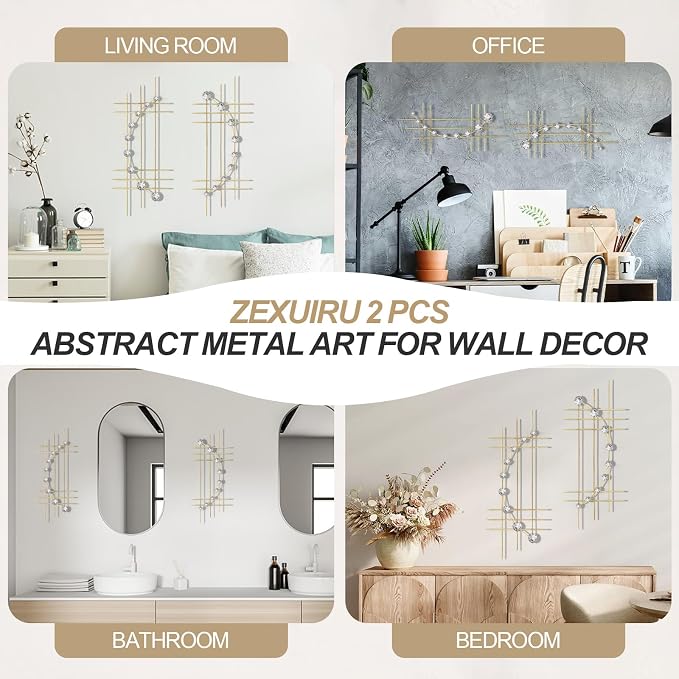 ZEXUIRU 2 Pcs Abstract Metal Art for Wall Decor Living Room Bedroom Bathroom Office Metal Bling Modern Geometric Hanging Vertical Small Iron Sculpture Plaque Pack -Gold 24in