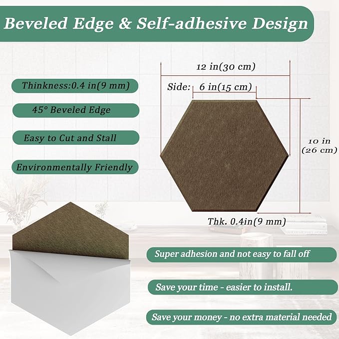 Hexagonal Acoustic Panels-12 Pack High-Density Sound Absorbing Panels 12"X10"X0.4" for Enhanced Noise Reduction, DIY Design, Idea for Studios, Offices, and Home Theaters(Coffee Brown)