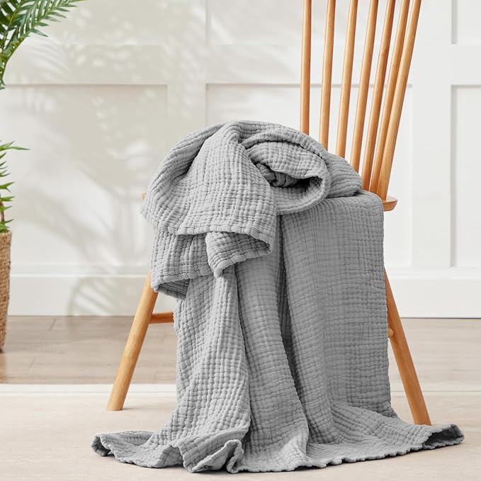 100% Cotton Muslin Blanket 50" x 60", Breathable and Lightweight Cotton Throw Blankets for Couch, Soft Cooling Summer Gauze Blanket for Adults All Season, Light Grey