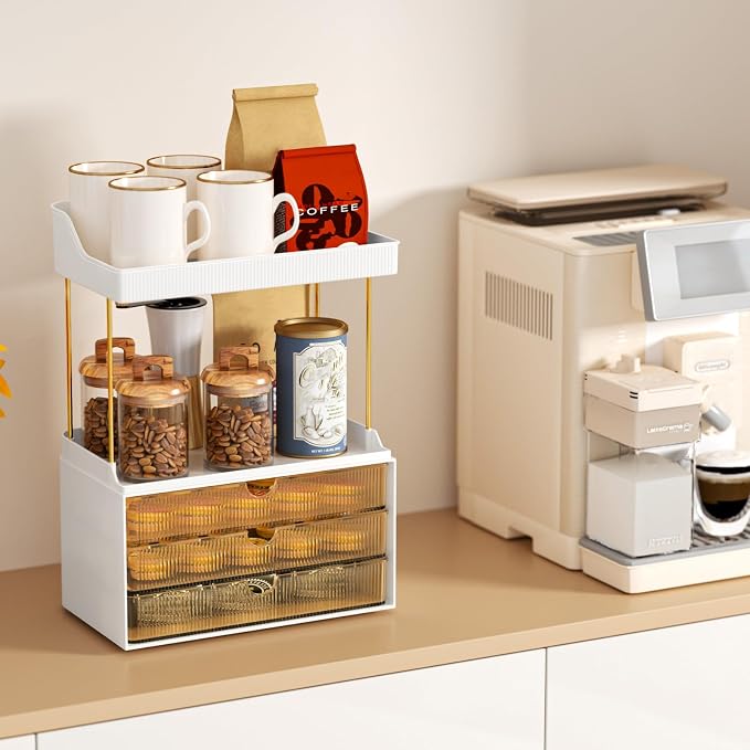 StorBin Arcylic 5-Tier Makeup & Skincare Organizer for Vanity, Bath, 2 Sets | Smooth 3 drawers, clear body, gold frame, non-slip, for perfumes, serums, face masks, palettes, vanity & bath counter,Amber