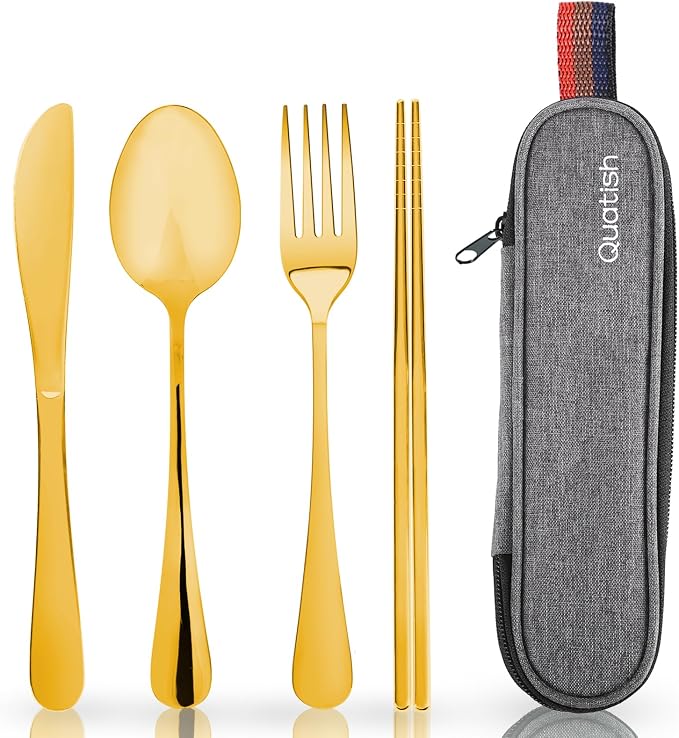 Travel Utensils with Case, Quatish Portable Silverware Set for Work, Stainless Steel Reusable Travel Cutlery, Fork and Spoon Set for Camping, Picnic, Gadgets, Lunch Box for Men, Christmas Gift, Gold
