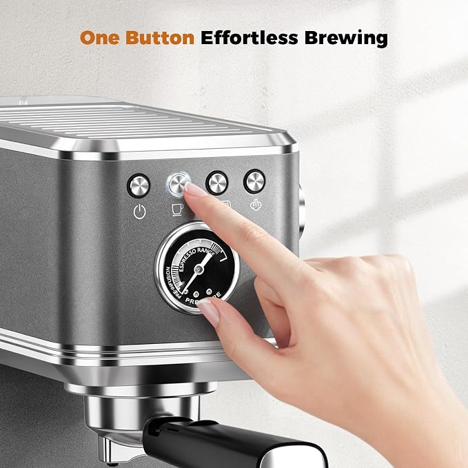 CHULUX Elite Espresso Coffee Machine with Steam Wand for Cappuccino, Gray | Hot and Iced Espresso, 1350W Fast Heating System, Visible Pressure Gauge, PID Temperature Control, Pre-Infusion Technology