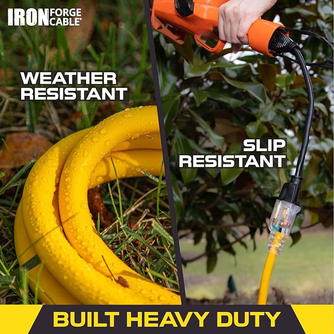 Iron Forge Cable Outdoor Extension Cord 75 Ft - 10 Gauge Heavy Duty Extension Cord, 15 AMP, 10/3 Yellow Power Cable SJTW Weatherproof with 3 Prong