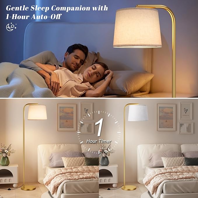 Ambimall Remote-Controlled Floor Lamp - Color Temperature Adjustable and Fully Dimmable, Standing Lamp for Living Room with Rotating Head, Tall Lamp for Bedroom, 9W Bulb Included (Gold and Beige)